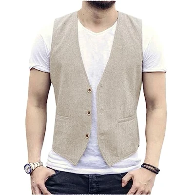 Abbildung von AeoTeokey Herren Sommer Leinenweste Anzug Weste Casual Regular Fit(Beige,M)