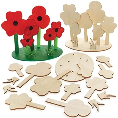 Abbildung von Baker Ross FE842 Mohnblumenszene Holz Bastelset 3er Pack, Kleine Bausätze für Kinder zum Basteln, Mohnblumen Herbstbastelsets