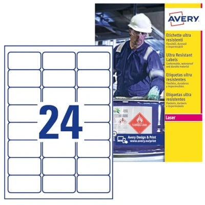 Abbildung von AVERY Zweckform L7912 10 Strapazierfähige Folienetiketten (240 Aufkleber, 63,5x33,9mm auf A4, extrem stark selbstklebend, für schwierige Oberflächen, bedruckbare Outdoor Klebefolie) Blatt, weiß