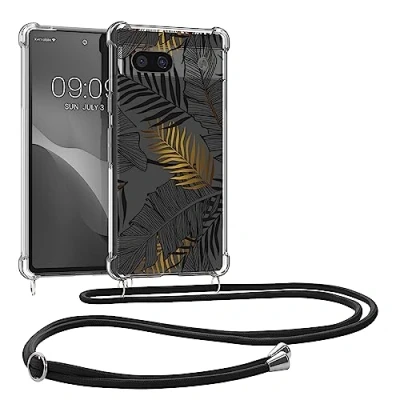 Abbildung von kwmobile Necklace Case kompatibel mit Google Pixel 7a Hülle Silikon Cover Handykette Gelb Grau Transparent Dschungel