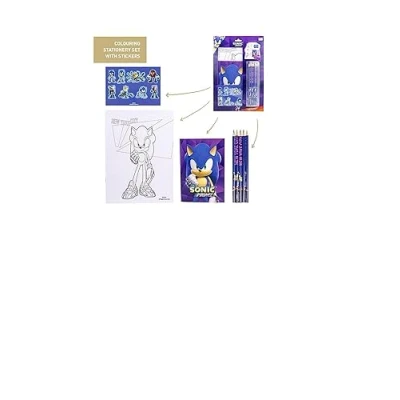 Abbildung von Sonic Schreibwaren Set mit Aufdrucken der Serie Schreibset 5 Bleistiften, Aufklebern und Heftchen Schulmaterial Original Produkt in Spanien Designed