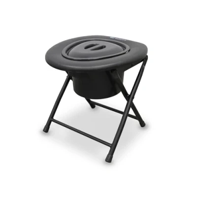Abbildung von WELLCORE Toilettenstuhl mit Toilette, klappbar, transportabel, kompakt, Aluminiumrahmen, abnehmbare leicht zu reinigen, schwarz, bis 100 kg, kg