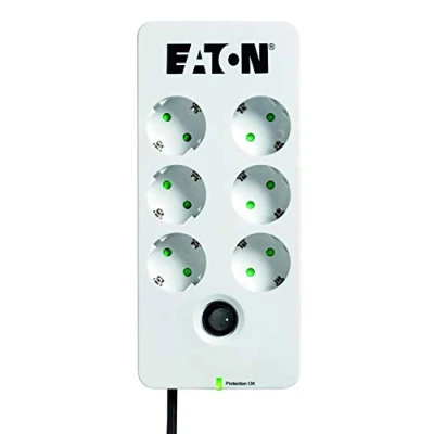Abbildung von Eaton Mehrfachsteckdose/Blitzschutz Protection Box 6 DIN Steckdosenleiste mit Überspannungsschutz (6 fach Schuko Buchse, Schaltbar) PB6D Weiß &amp; Schwarz