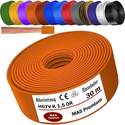 Abbildung von MAS Premium Von 5 bis 100m Aderleitung H07 V K 1x1,5 mm² SW, HBL, GNGE, GN, RT, DBL, BR, OR, GR, WS, VIO, U MAR.BL oder GE Einzelader flexibel (Orange, 30m)