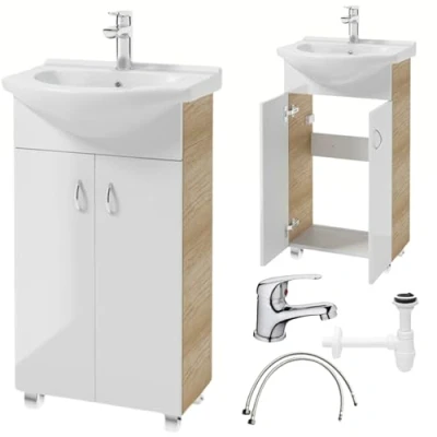 Abbildung von Deftrans Domodomo Badezimmerschrank mit Waschbecken, 80 x 50 26 cm weißer Waschbeckenschrank, Keramik Waschbecken Set, Standschrank für kleines Bad, Weiß+ Eiche, Waschtischarmatur, Siphon