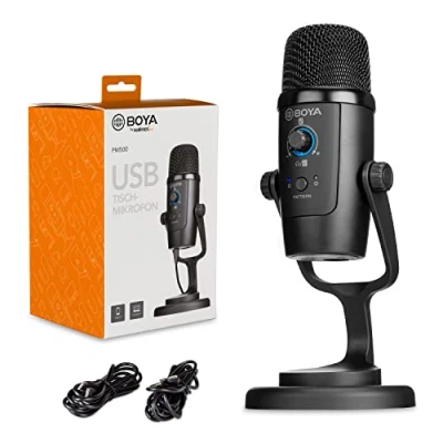 Abbildung von Walimex pro BOYA USB Tischmikrofon PM500 I ideal für Sprach &amp; Raumaufnahmen Kondensatormikrofon Heimstudio, Podcast, Streaming, Videokonferenzen Musik mit abnehmbarem Tischständer