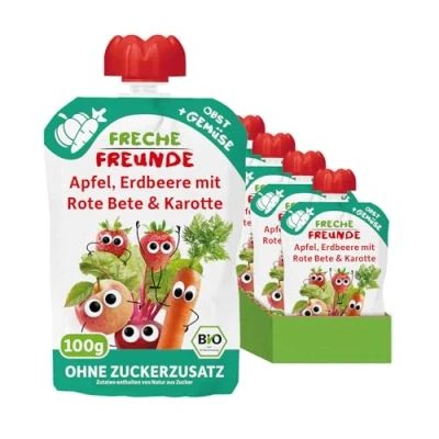 Abbildung von FRECHE FREUNDE Bio Quetschie Apfel, Erdbeere mit Rote Bete &amp; Karotte, Fruchtmus Gemüse im Quetschbeutel für Babys ab dem 6. Monat, vegan, 6er Pack (6 x 100g)