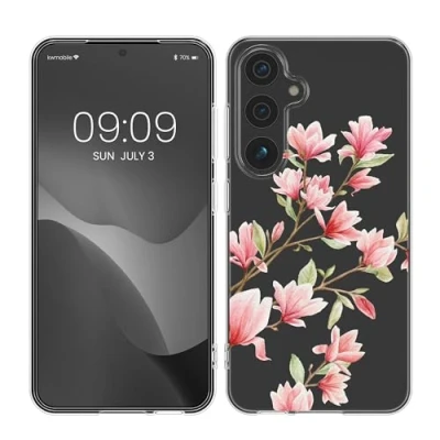 Abbildung von kwmobile Case kompatibel mit Samsung Galaxy S25 Hülle Silikon Transparent Magnolien Rosa Weiß