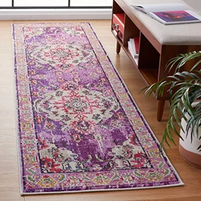 Abbildung von Safavieh Boho Teppich für Wohnzimmer, Esszimmer, Schlafzimmer, Monaco Collection, Kurzer Flor, Violett und Fuchsia, 66 x 244 cm