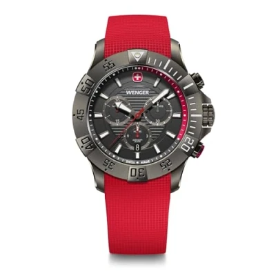 Abbildung von WENGER Herren Armbanduhr Seaforce Chrono Analog Quarz, Chronograph, Ø 43 mm, Swiss Made, Wasserdicht bis 200 m, Schwarz/Rot, Silikon Armband Rot, 01.0643.128