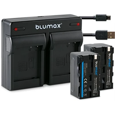 Abbildung von 2X Blumax Akku für Sony NP F750 / F550 F970 F960 4400mAh + Mini Dual Ladegerät inkl. Micro USB Kabel