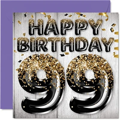Abbildung von Stuff4 Geburtstagskarte zum 99. Geburtstag für Männer schwarze und goldene Glitzerballons Happy Karten 99 Jahre alten Mann Papa Great Grandad Grandpa Gran, 145 mm x Grußkarten Geschenk