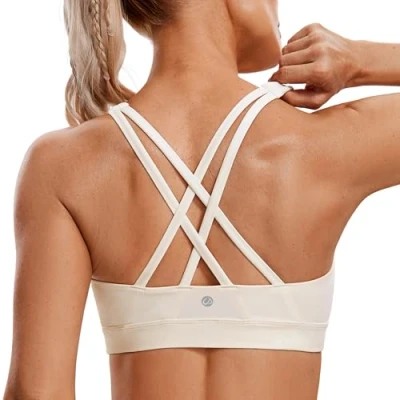 Abbildung von CRZ Yoga Damen Ohne Bügel Sport BH Gekreuzt Rücken Spaghetti Top Abnehmbare Pads Croptop Weiße Aprikose M