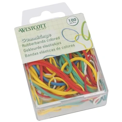 Abbildung von Westcott Gummibänder 100 Stück Bunte Gummiringe verschiedene Größen in praktischem Kunstoffbehälter Vorratspack Haushaltsgummis ⌀ 20mm 70mm Mind. 60% Naturkautschuk E 10582 00