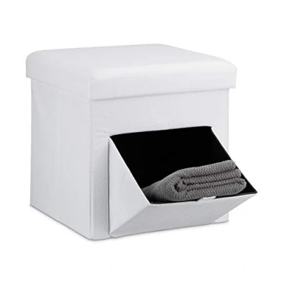 Abbildung von Relaxdays Faltbarer Sitzhocker, Leinen, Sitzwürfel, Aufbewahrungsbox mit Klappe, abnehmbarer Deckel, Sitzcube, stabil, Fußablage, HxBxT 38 x cm, weiß