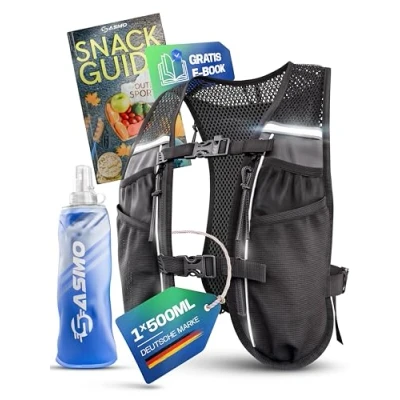 Abbildung von SASMO® Laufweste Damen &amp; Herren 5L + 1x500 Soft Flask Running Vest Ultraleicht 270g atmungsaktiv Laufrucksack 8 Taschen Trinkweste Laufen Trinkrucksack