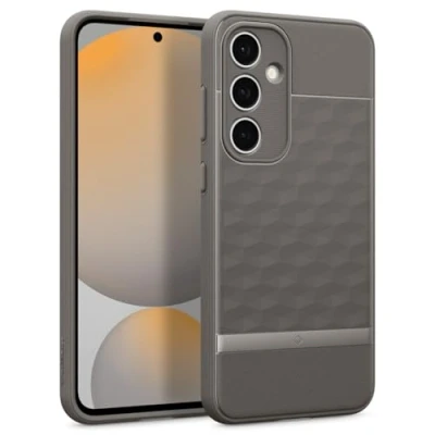Abbildung von Caseology Parallax Hülle kompatibel mit Samsung Galaxy S24 FE 5G [Ergonomisches 3D Hexa Würfel Design] (TPU und PC Asch Grau)