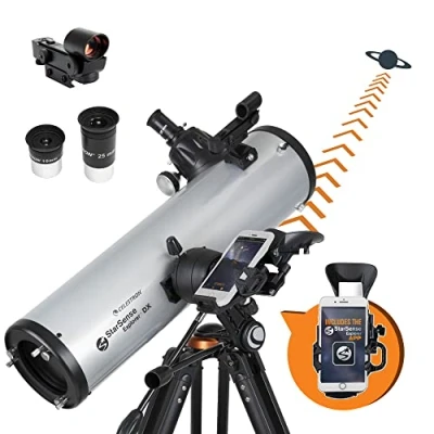 Abbildung von Celestron 22461 StarSense Explore DX 130 Newtonsches Spiegelteleskop mit Smartphone App fähiger Technologie zwei Okularen, Handy Dock und höheneinstellbarem Stativ, Schwarz