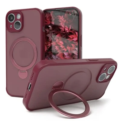 Abbildung von EAZY CASE MagSafe Handyhülle für iPhone 15 kompatibel mit Hülle Ständer 360 Ring &amp; Magnetfunktion zum Aufstellen stoßfest Cover in Dunkel Rot