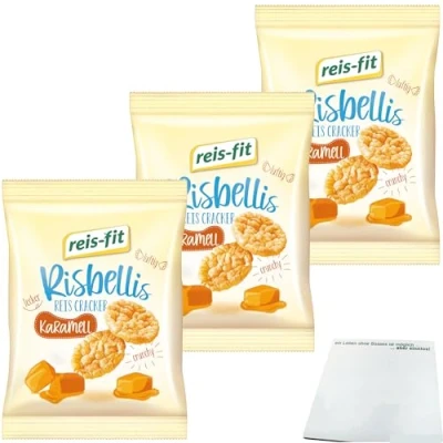 Abbildung von Reis Fit Risbellis Caramel Fettarme Cracker mit Karamellgeschmack 3er Pack (3x40g Packung) + usy block