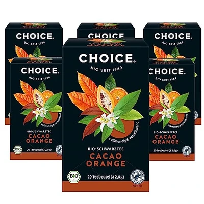 Abbildung von CHOICE Cacao Orange, Bio Schwarztee mit Kakao, Früchten und Gewürzen, Vollmundig Verwöhnend, Handverlesen, 6x20 Teebeutel (120 Beutel insgesamt)