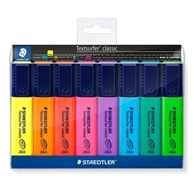 Abbildung von STAEDTLER Textmarker Textsurfer classic, großer Tintenspeicher, lange Markierleistung, sekundenschnell trocken, Keilspitze 1 5mm, rainbow colours, 8 Marker in sortierten Farben im Etui, 364 WP8