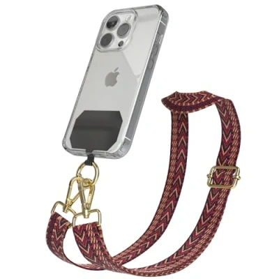 Abbildung von EAZY CASE Handykette Universal zum Umhängen kompatibel mit jedem Handy Kette Hülle kombinierbar Handykordel Karabiner für Handyhülle Handyband Bunt Boho Kordel Rot Braun Gold