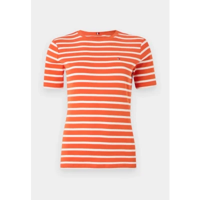 Abbildung von Tommy Hilfiger Damen T Shirt Kurzarm Slim Cody Rundhalsausschnitt, Mehrfarbig (Classic Breton Orange/ECU), L