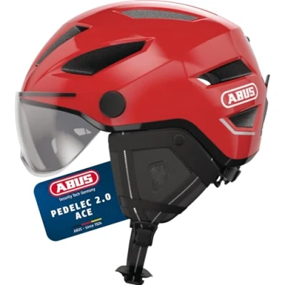 Abbildung von ABUS Stadthelm Pedelec 2.0 ACE Fahrradhelm mit Rücklicht, Visier, Regenhaube, Ohrenschutz für Damen und Herren Rot, Größe M​