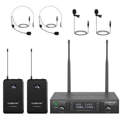 Abbildung von Phenyx Pro Kabelloses UHF Mikrofonsystem, Auto Scan Mikrofon Set mit 2 x 100 Frequenzen, Bodypacks und Headsets/Ansteckmikrofone für Sprechen, Singen, Kirche, DJ (PTU 71 2B)