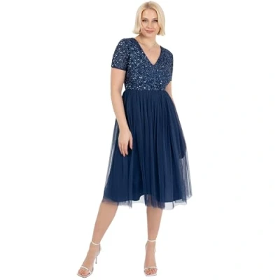 Abbildung von Maya Deluxe Damen Embellished Midi Evening Dress Women Ladies V Neckline with Short Sleeve for Prom Wedding Brautjungfernkleid, French Navy, 48