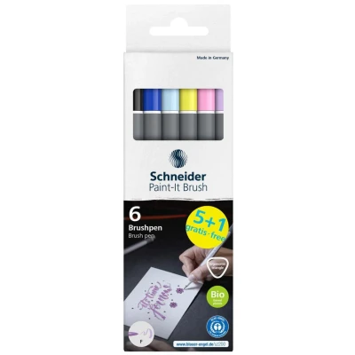 Abbildung von Schneider Brushpen Paint It 070 (Premium Pinselstifte mit flexibler Spitze und leuchtenden Farben für Kalligraphie, Hand Lettering mehr) 6 Stück sortiert Set 1