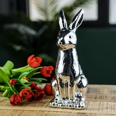 Abbildung von Keramik Osterdeko Hase sitzend 16 x 32cm Silber Dekofigur Oster Dekoration Tisch Deko Osterhase