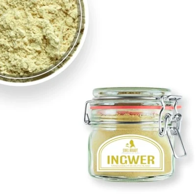Abbildung von Ingwerpulver BIO 90g im PREMIUM Glas EDEL KRAUT Ingwer PULVER 100% reine gemahlen Ginger Powder Organic