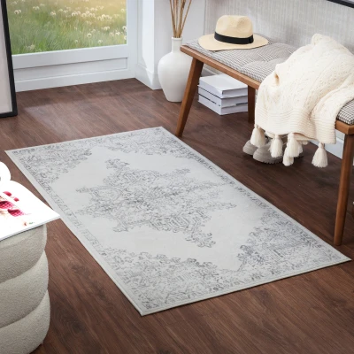 Abbildung von Surya Roma Vintage Teppich Wohnzimmer, Esszimmer, Flur, Rugs Living Room Boho Orientalisch Style, Kurzflor Carpet Bunter Weiß, Grau 80x150cm