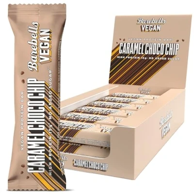 Abbildung von Barebells Proteinriegel Vegan köstliche Eiweißriegel mit Schokolade zuckerarm, 15 Gramm Protein, ohne Palmöl Caramel Choco Chip, 12 x 55gr