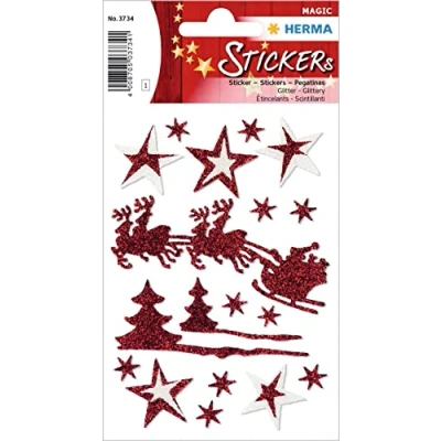 Abbildung von HERMA 3734 Aufkleber Weihnachtsmann mit Schlitten Glitzer klein groß, 18 Stück, Weihnachten Sticker Sterne Motiv, Kinder Etiketten für Weihnachtsdeko Geschenke Adventskalender Winter Dekoration