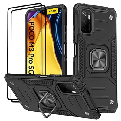 Abbildung von KANSi Hülle kompatibel für Xiaomi Poco M3 Pro 5G / Redmi Note 10 5G, Schutzfolie [2 Stück] + Silikon TPU Hart PC Handy Hüllen 360 Grad Drehbar Ringhalter Bumper Stoßdämpfung Schwarz