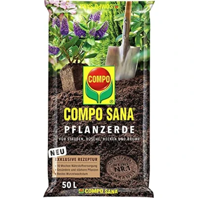 Abbildung von COMPO SANA® Pflanzerde für alle Stauden, Büsche, Hecken sowie Bäume und Dünger 10 Wochen 50 L