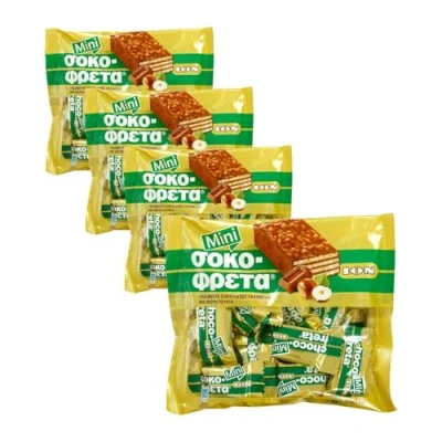 Abbildung von Schokofreta Vollmilch Schokolade Minis 4x 210g Packung Griechische Schokowaffel Sokofreta ION +20ml Jassas Olivenöl