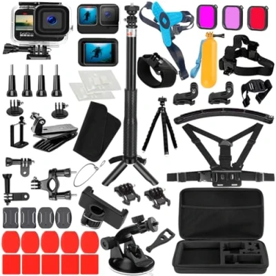 Abbildung von Koosir 64 in 1 Zubehörset Kit Bundle für GoPro Hero 13 12 11 10 9 Black Wasserdichtes Gehäuse Kinnhalterung und vollständige einfache nützliche Halterung Case