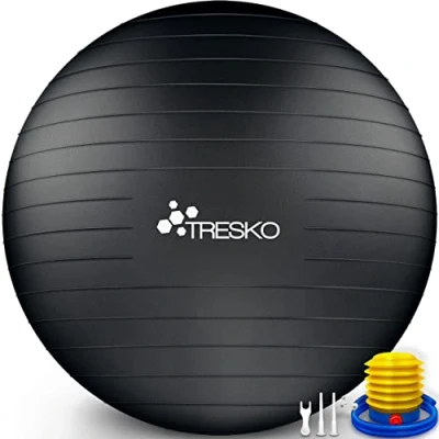 Abbildung von TRESKO Gymnastikball mit GRATIS Übungsposter inkl. Luftpumpe Yogaball, BPA Frei Sitzball Büro Anti Burst Luftpumpe, Fitnessball