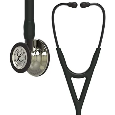 Abbildung von 3M Littmann Cardiology IV Stethoskop für die Diagnose, champagnerfarbenes Bruststück, schwarzer Schlauch, Schlauchanschluss und Ohrbügel in Rauchfarben, 69 cm, 6179