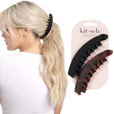 Abbildung von Kitsch Bananen Haarspangen für Damen, große Haarklammern dickes Haar, 2 Stück (Schwarz und Schildkröte)