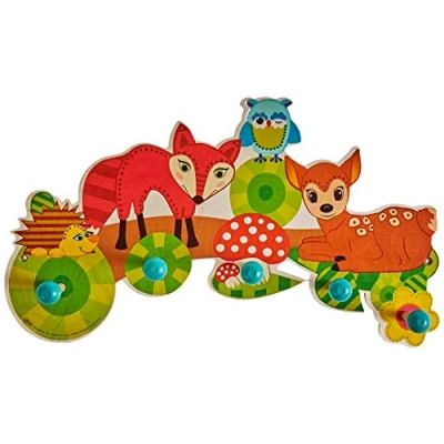 Abbildung von Hess Holzspielzeug 30303 Garderobe aus Holz, Serie Waldtiere, mit 5 Haken, für Kinder, ca. 37 x 22 6,5 cm, handgefertigt, als Blickfang in jedem Kinderzimmer und Flur