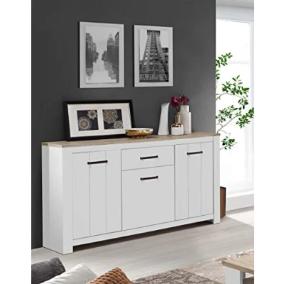 Abbildung von FORTE Elara Kommode mit 3 Türen und 1 Schublade, Holzwerkstoff, Weiß Matt / Bianco Eiche, 161,4 x 95,7 42,2 cm