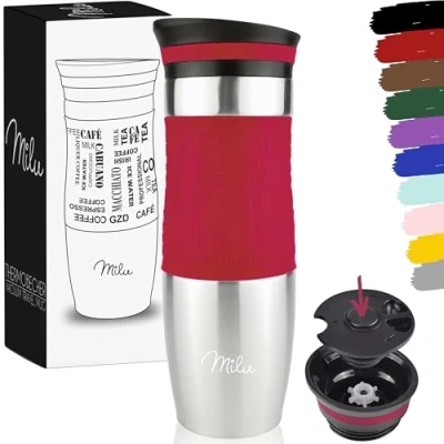 Abbildung von Milu Thermobecher Kaffee to go 370ml, 450ml Isolierbecher Kaffeebecher 100% Auslaufsicher Trinkbecher aus Edelstahl Autobecher doppelwand Isolierung Travel Mug (Rot, 450ml)