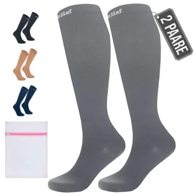 Abbildung von 360 Relief Kompressionsstrümpfe Damen und Herren 2 Paare Kompressionssocken Einfarbig für Sport, Laufen, Flug, Reise, Joggen, Radsport, Kniestrümpfe, 4XL Grau mit Wäschenetz