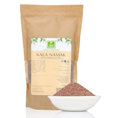 Abbildung von Kala Namak Salz Fein 500g von der Grünen Essenz Steinsalz naturbelassenes Schwarzsalz mit hohem Schwefelgehalt und spezifischem Aroma Eiern veganer Salzersatz für Rührei (500 Gramm)