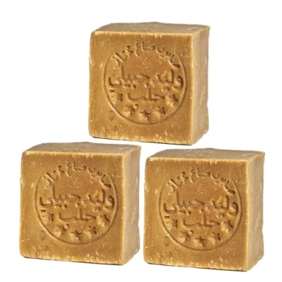 Abbildung von IchbinPUR Original Aleppo Seife 3er Pack (3x140g), 95% Olivenöl 5% Lorbeeröl, traditionelles Rezept, Haarseife, Duschseife, Handseife, Naturseife, Savon d‘Alep, Plastikfrei